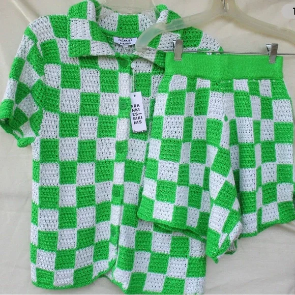 Frankies Coco Crochet Top AND Bottom Coverup Set XS GREEN - Picture 2 of 3